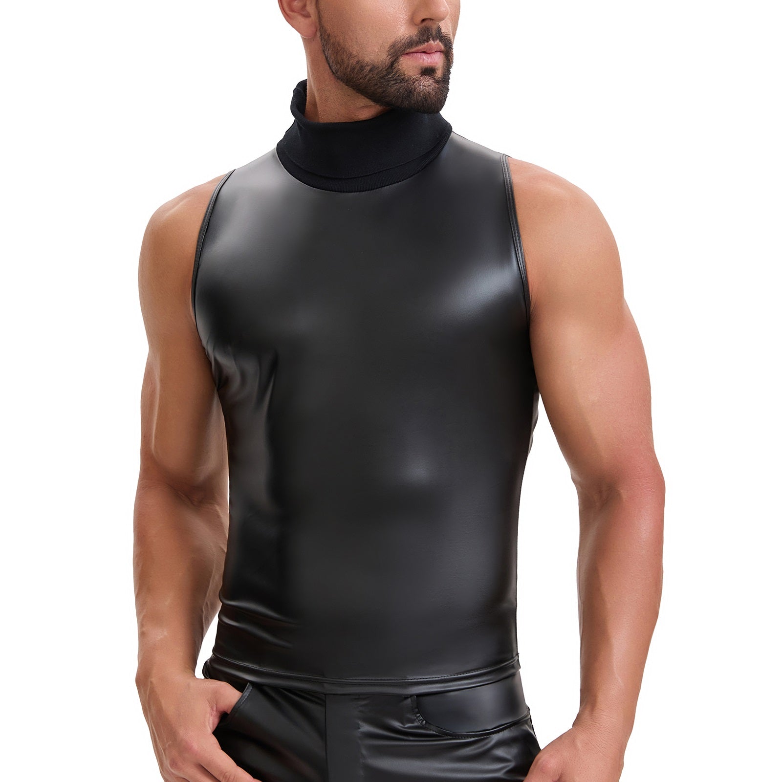 Soft Leather Turtleneck Tank Top Men Sexy Mock Neck Solid Stretch Vest Slim Fit Pullover T-Shirt Sleeveless