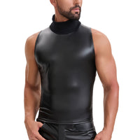 Soft Leather Turtleneck Tank Top Men Sexy Mock Neck Solid Stretch Vest Slim Fit Pullover T-Shirt Sleeveless