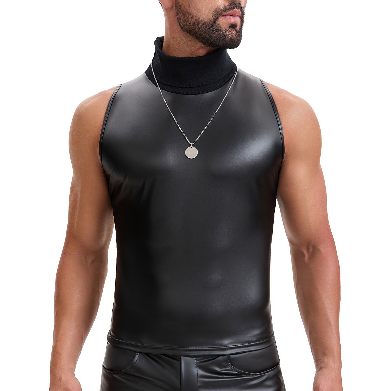 Soft Leather Turtleneck Tank Top Men Sexy Mock Neck Solid Stretch Vest Slim Fit Pullover T-Shirt Sleeveless