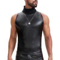 Soft Leather Turtleneck Tank Top Men Sexy Mock Neck Solid Stretch Vest Slim Fit Pullover T-Shirt Sleeveless