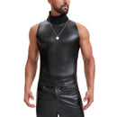 Soft Leather Turtleneck Tank Top Men Sexy Mock Neck Solid Stretch Vest Slim Fit Pullover T-Shirt Sleeveless