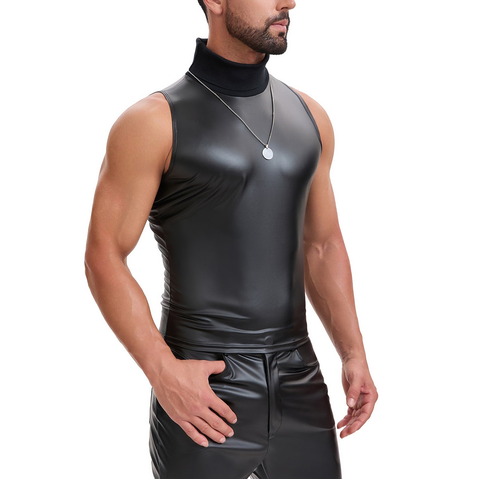 Soft Leather Turtleneck Tank Top Men Sexy Mock Neck Solid Stretch Vest Slim Fit Pullover T-Shirt Sleeveless