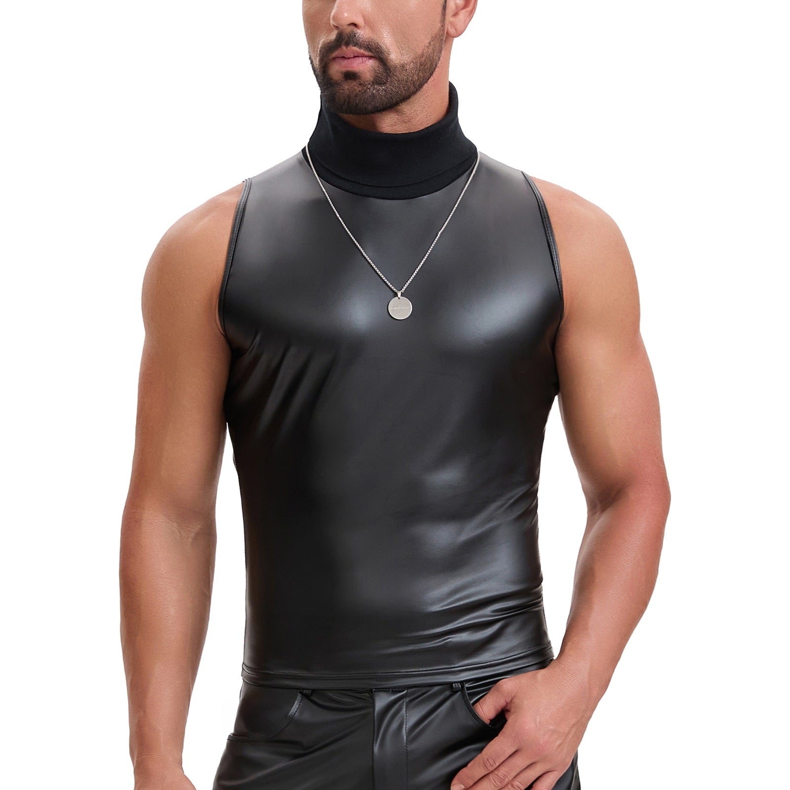 Soft Leather Turtleneck Tank Top Men Sexy Mock Neck Solid Stretch Vest Slim Fit Pullover T-Shirt Sleeveless