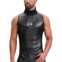 Soft Leather Turtleneck Tank Top Men Sexy Mock Neck Solid Stretch Vest Slim Fit Pullover T-Shirt Sleeveless