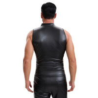 Shiny Soft Leather Tank Top Mens Zipper Stand Collar Slim Fitted Vest Casual Solid Stretch T-Shirts