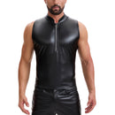 Shiny Soft Leather Tank Top Mens Zipper Stand Collar Slim Fitted Vest Casual Solid Stretch T-Shirts