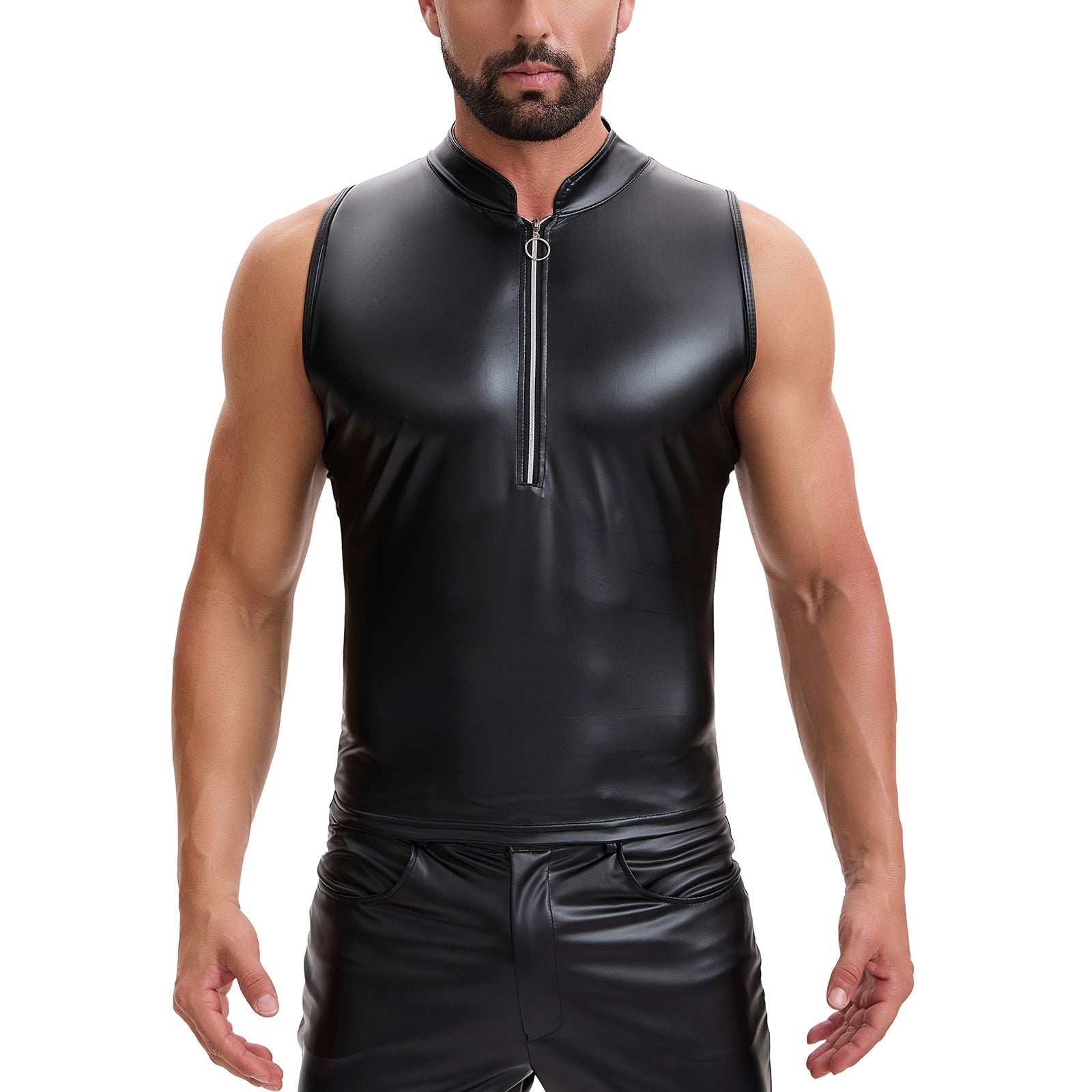 Shiny Soft Leather Tank Top Mens Zipper Stand Collar Slim Fitted Vest Casual Solid Stretch T-Shirts