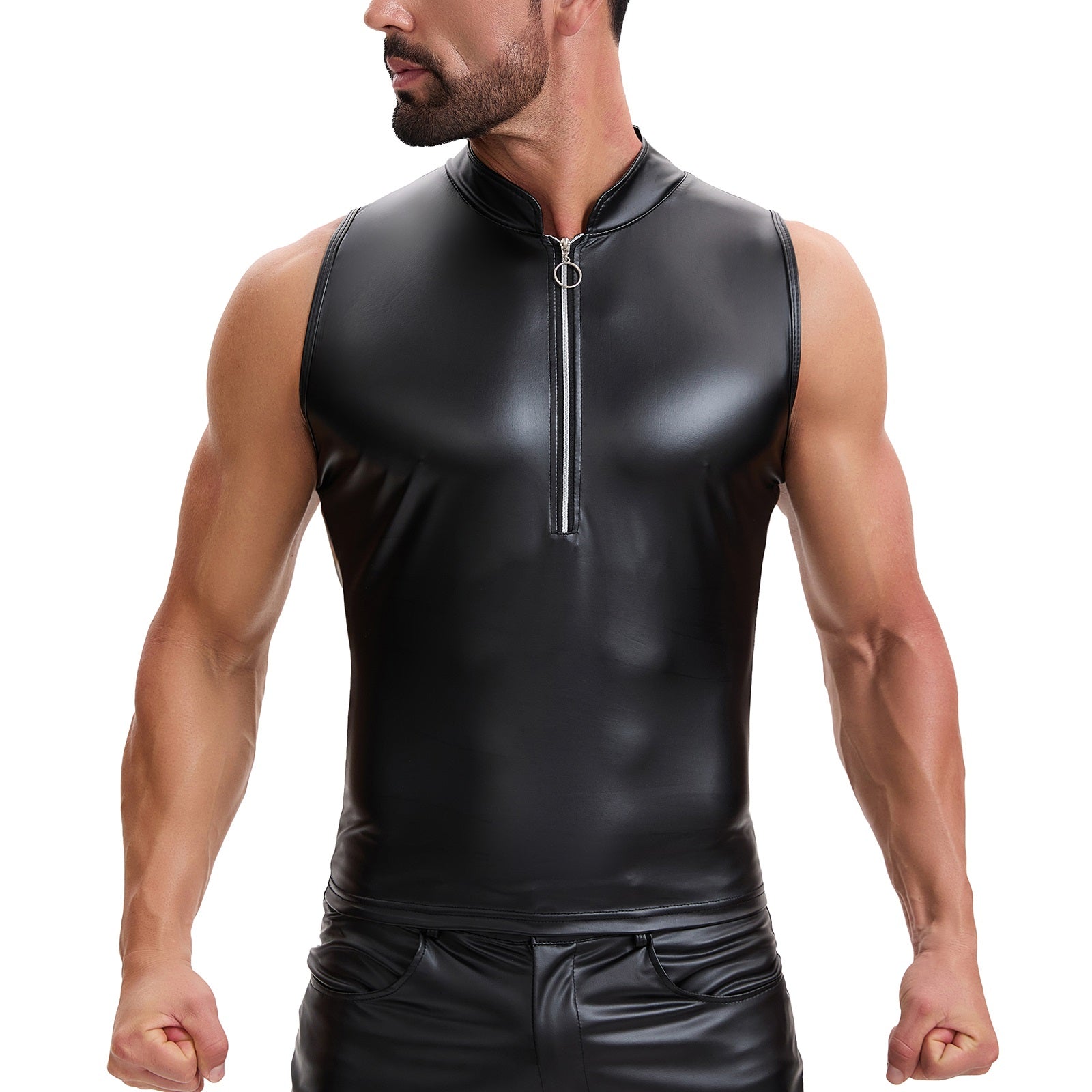 Shiny Soft Leather Tank Top Mens Zipper Stand Collar Slim Fitted Vest Casual Solid Stretch T-Shirts