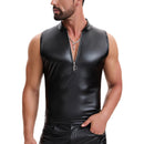 Shiny Soft Leather Tank Top Mens Zipper Stand Collar Slim Fitted Vest Casual Solid Stretch T-Shirts