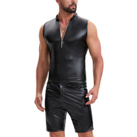 Shiny Soft Leather Tank Top Mens Zipper Stand Collar Slim Fitted Vest Casual Solid Stretch T-Shirts