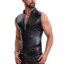 Shiny Soft Leather Tank Top Mens Zipper Stand Collar Slim Fitted Vest Casual Solid Stretch T-Shirts