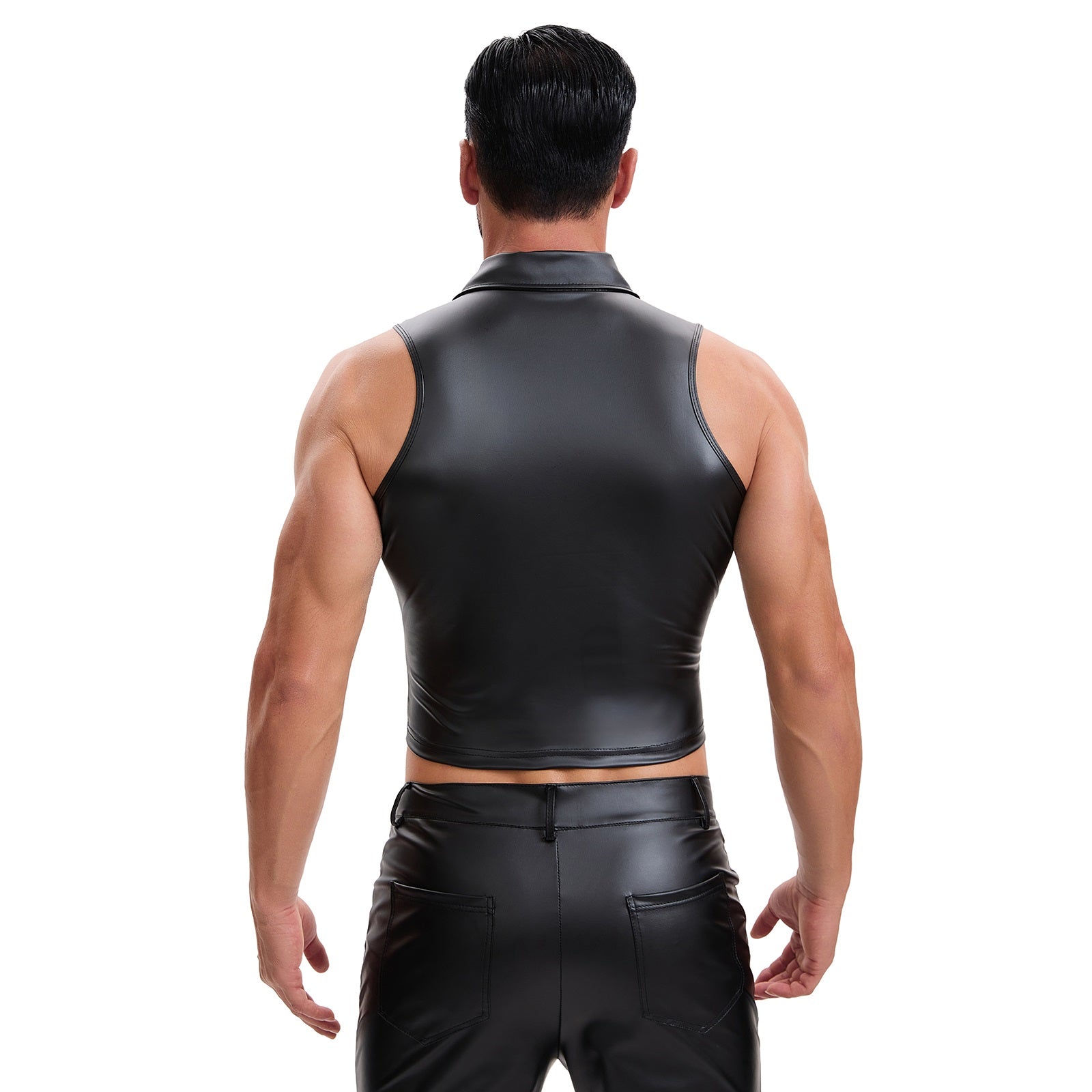 Shiny Metallic Leather Cropped Shirt Men Soft Stretch Lapel Cami-Tops Button Up Collared Tanks Slim Fitted