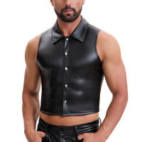 Shiny Metallic Leather Cropped Shirt Men Soft Stretch Lapel Cami-Tops Button Up Collared Tanks Slim Fitted