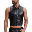 Shiny Metallic Leather Cropped Shirt Men Soft Stretch Lapel Cami-Tops Button Up Collared Tanks Slim Fitted