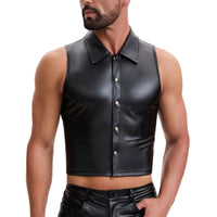 Shiny Metallic Leather Cropped Shirt Men Soft Stretch Lapel Cami-Tops Button Up Collared Tanks Slim Fitted