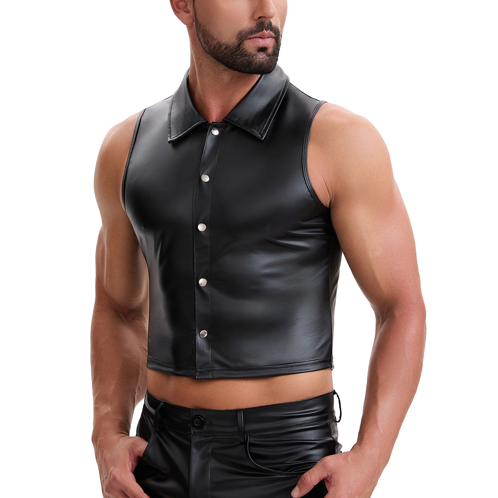 Shiny Metallic Leather Cropped Shirt Men Soft Stretch Lapel Cami-Tops Button Up Collared Tanks Slim Fitted