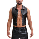 Shiny Metallic Leather Cropped Shirt Men Soft Stretch Lapel Cami-Tops Button Up Collared Tanks Slim Fitted