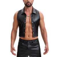 Shiny Metallic Leather Cropped Shirt Men Soft Stretch Lapel Cami-Tops Button Up Collared Tanks Slim Fitted
