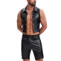Shiny Metallic Leather Cropped Shirt Men Soft Stretch Lapel Cami-Tops Button Up Collared Tanks Slim Fitted