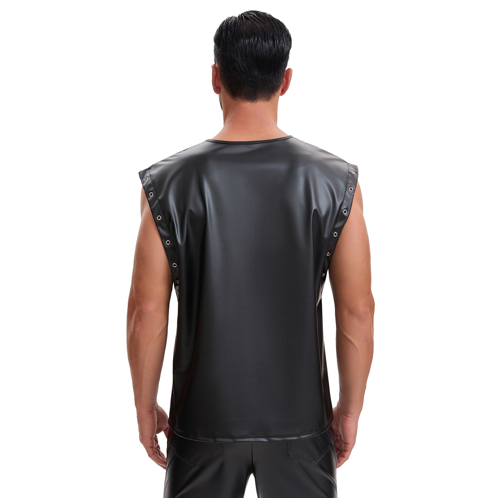 Men's Soft Leather Loose Fitted Tops, Oversized Slouchy Casual Vest, Sexy Grommet Metallic Pullover T-Shirt
