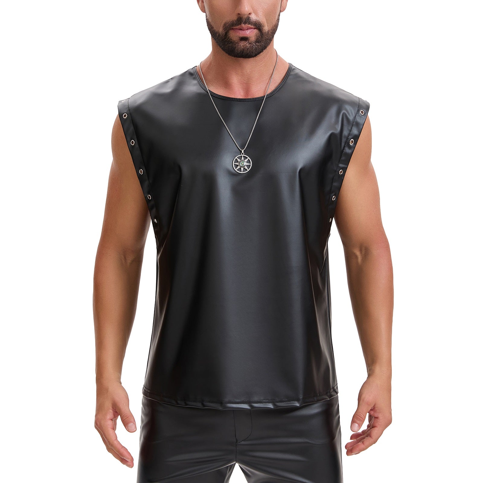 Men's Soft Leather Loose Fitted Tops, Oversized Slouchy Casual Vest, Sexy Grommet Metallic Pullover T-Shirt