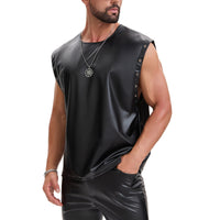 Men's Soft Leather Loose Fitted Tops, Oversized Slouchy Casual Vest, Sexy Grommet Metallic Pullover T-Shirt