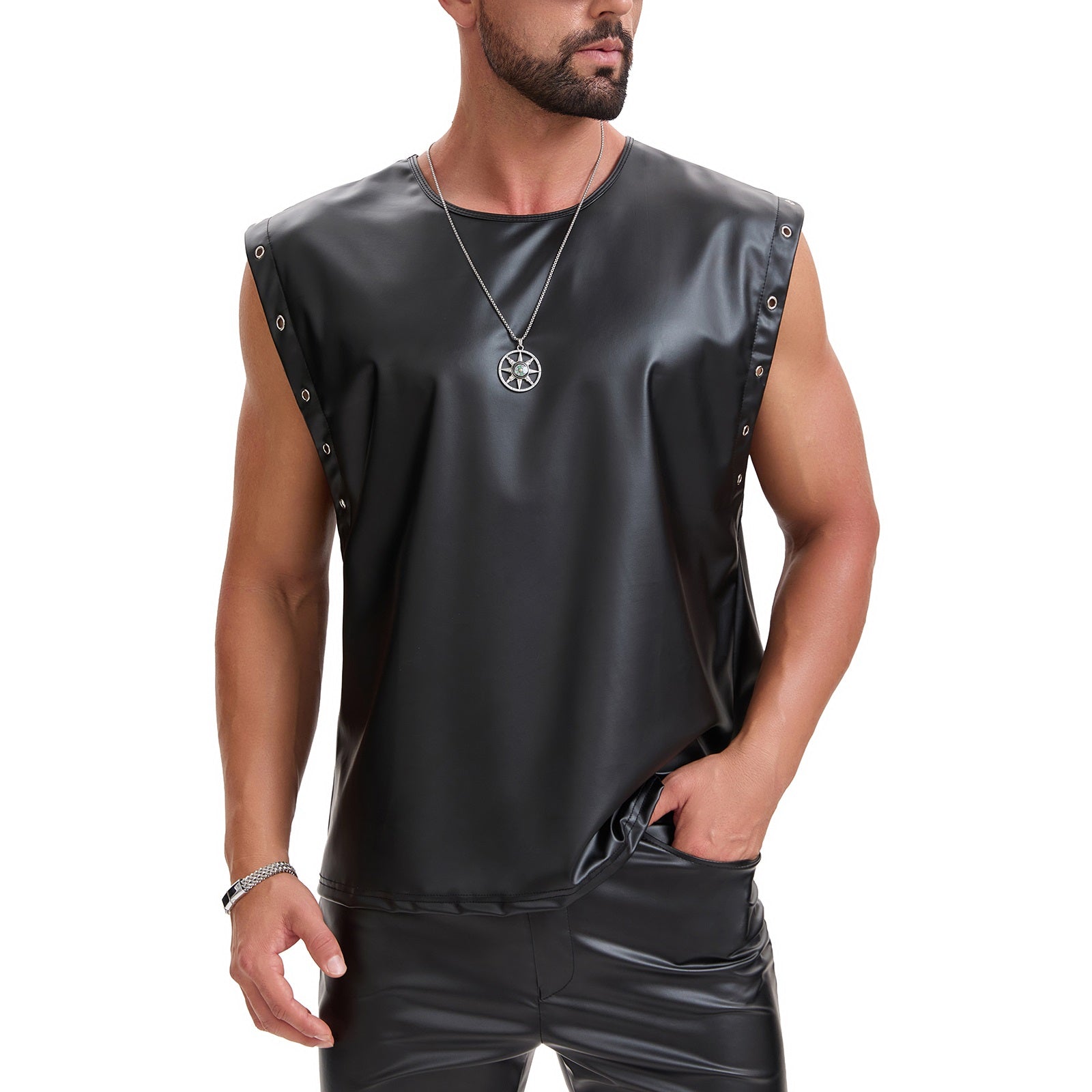 Men's Soft Leather Loose Fitted Tops, Oversized Slouchy Casual Vest, Sexy Grommet Metallic Pullover T-Shirt