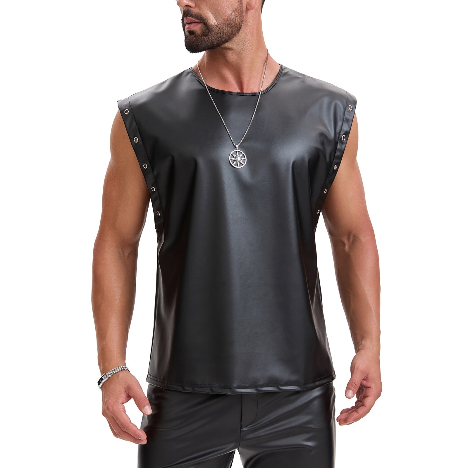 Men's Soft Leather Loose Fitted Tops, Oversized Slouchy Casual Vest, Sexy Grommet Metallic Pullover T-Shirt