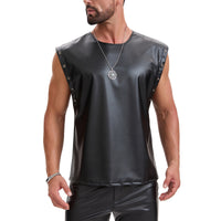 Men's Soft Leather Loose Fitted Tops, Oversized Slouchy Casual Vest, Sexy Grommet Metallic Pullover T-Shirt