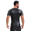Mens Shiny Soft Leather T-Shirt, Sexy Hollow Out Pullover Short Sleeve Tops, Casual Stretch Solid Vest Party