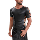 Mens Shiny Soft Leather T-Shirt, Sexy Hollow Out Pullover Short Sleeve Tops, Casual Stretch Solid Vest Party