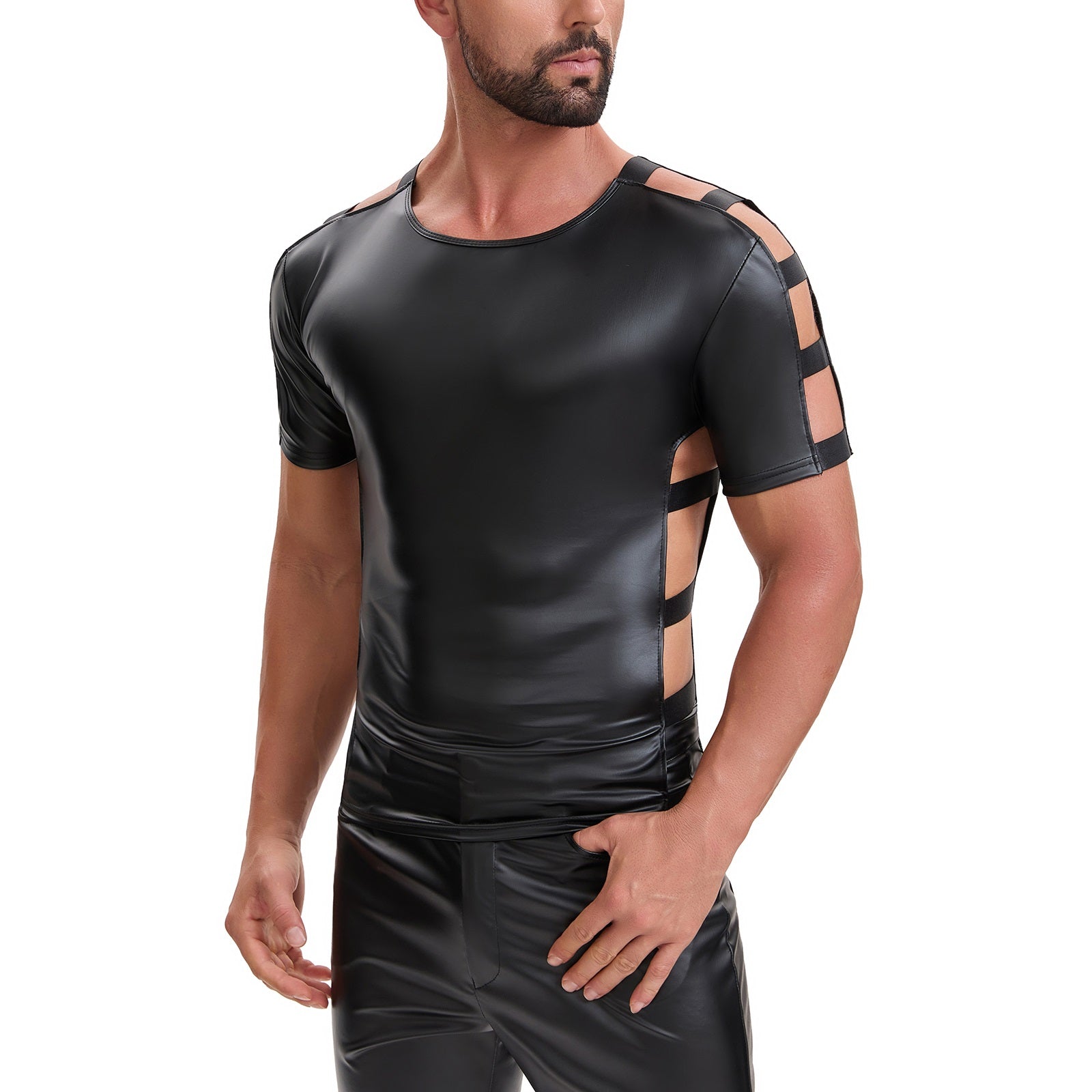 Mens Shiny Soft Leather T-Shirt, Sexy Hollow Out Pullover Short Sleeve Tops, Casual Stretch Solid Vest Party