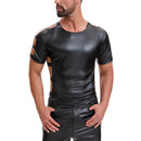 Mens Shiny Soft Leather T-Shirt, Sexy Hollow Out Pullover Short Sleeve Tops, Casual Stretch Solid Vest Party