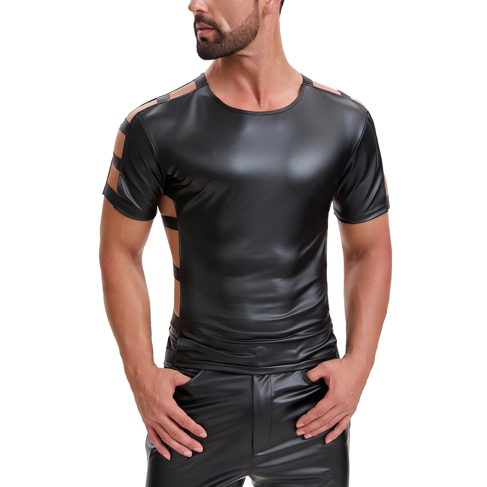 Mens Shiny Soft Leather T-Shirt, Sexy Hollow Out Pullover Short Sleeve Tops, Casual Stretch Solid Vest Party