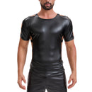 Mens Shiny Soft Leather T-Shirt, Sexy Hollow Out Pullover Short Sleeve Tops, Casual Stretch Solid Vest Party