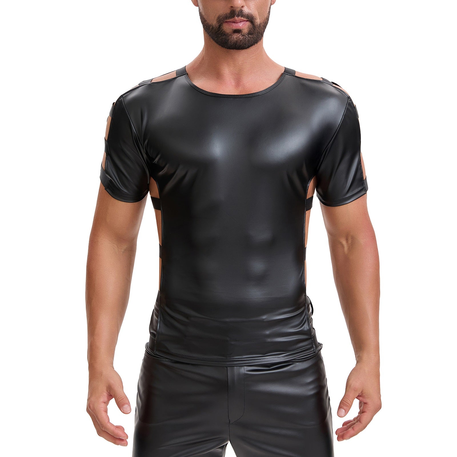 Mens Shiny Soft Leather T-Shirt, Sexy Hollow Out Pullover Short Sleeve Tops, Casual Stretch Solid Vest Party