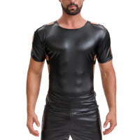 Mens Shiny Soft Leather T-Shirt, Sexy Hollow Out Pullover Short Sleeve Tops, Casual Stretch Solid Vest Party