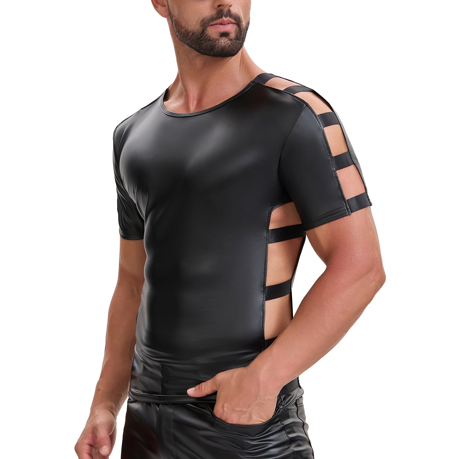 Mens Shiny Soft Leather T-Shirt, Sexy Hollow Out Pullover Short Sleeve Tops, Casual Stretch Solid Vest Party