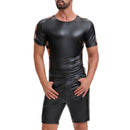Mens Shiny Soft Leather T-Shirt, Sexy Hollow Out Pullover Short Sleeve Tops, Casual Stretch Solid Vest Party