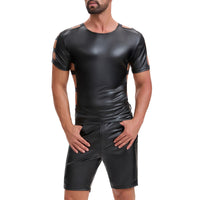 Mens Shiny Soft Leather T-Shirt, Sexy Hollow Out Pullover Short Sleeve Tops, Casual Stretch Solid Vest Party