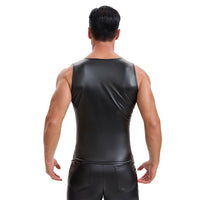 Mens Shiny Soft Matte Leather Tank Tops, Sexy V-Neck Color Block Stretch Vest, Casual Slim Fit Sleeveless T-Shirt