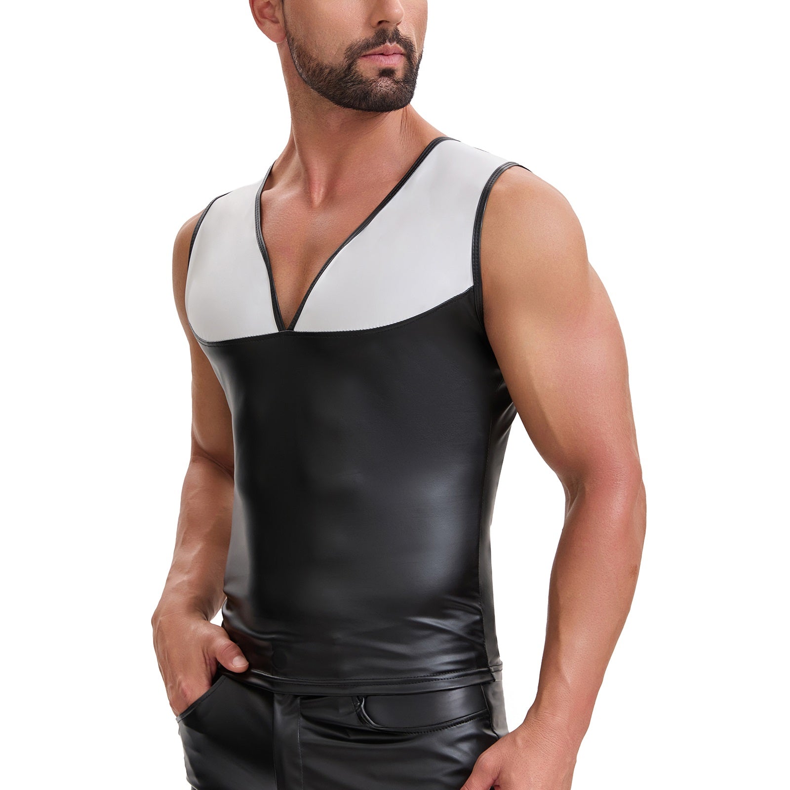 Mens Shiny Soft Matte Leather Tank Tops, Sexy V-Neck Color Block Stretch Vest, Casual Slim Fit Sleeveless T-Shirt