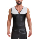Mens Shiny Soft Matte Leather Tank Tops, Sexy V-Neck Color Block Stretch Vest, Casual Slim Fit Sleeveless T-Shirt