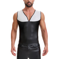 Mens Shiny Soft Matte Leather Tank Tops, Sexy V-Neck Color Block Stretch Vest, Casual Slim Fit Sleeveless T-Shirt