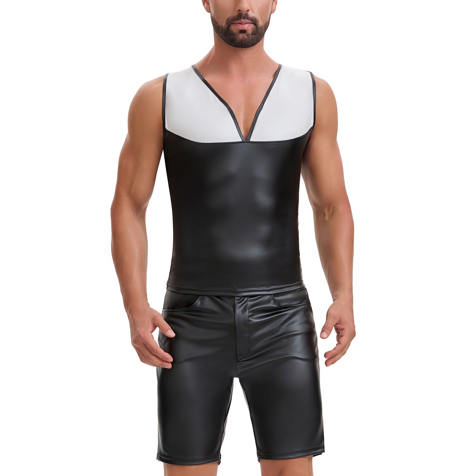 Mens Shiny Soft Matte Leather Tank Tops, Sexy V-Neck Color Block Stretch Vest, Casual Slim Fit Sleeveless T-Shirt