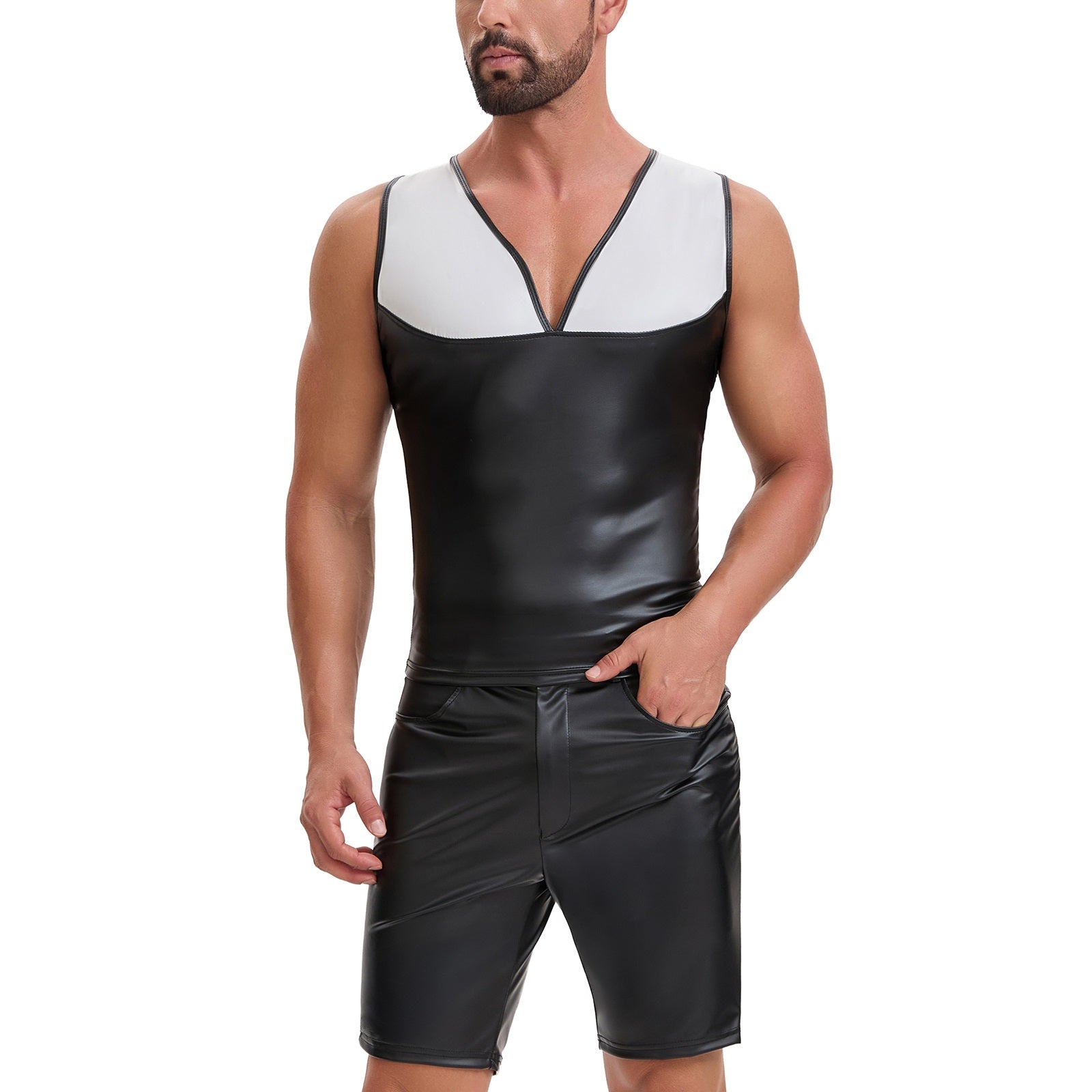 Mens Shiny Soft Matte Leather Tank Tops, Sexy V-Neck Color Block Stretch Vest, Casual Slim Fit Sleeveless T-Shirt