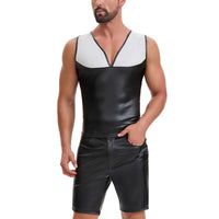 Mens Shiny Soft Matte Leather Tank Tops, Sexy V-Neck Color Block Stretch Vest, Casual Slim Fit Sleeveless T-Shirt