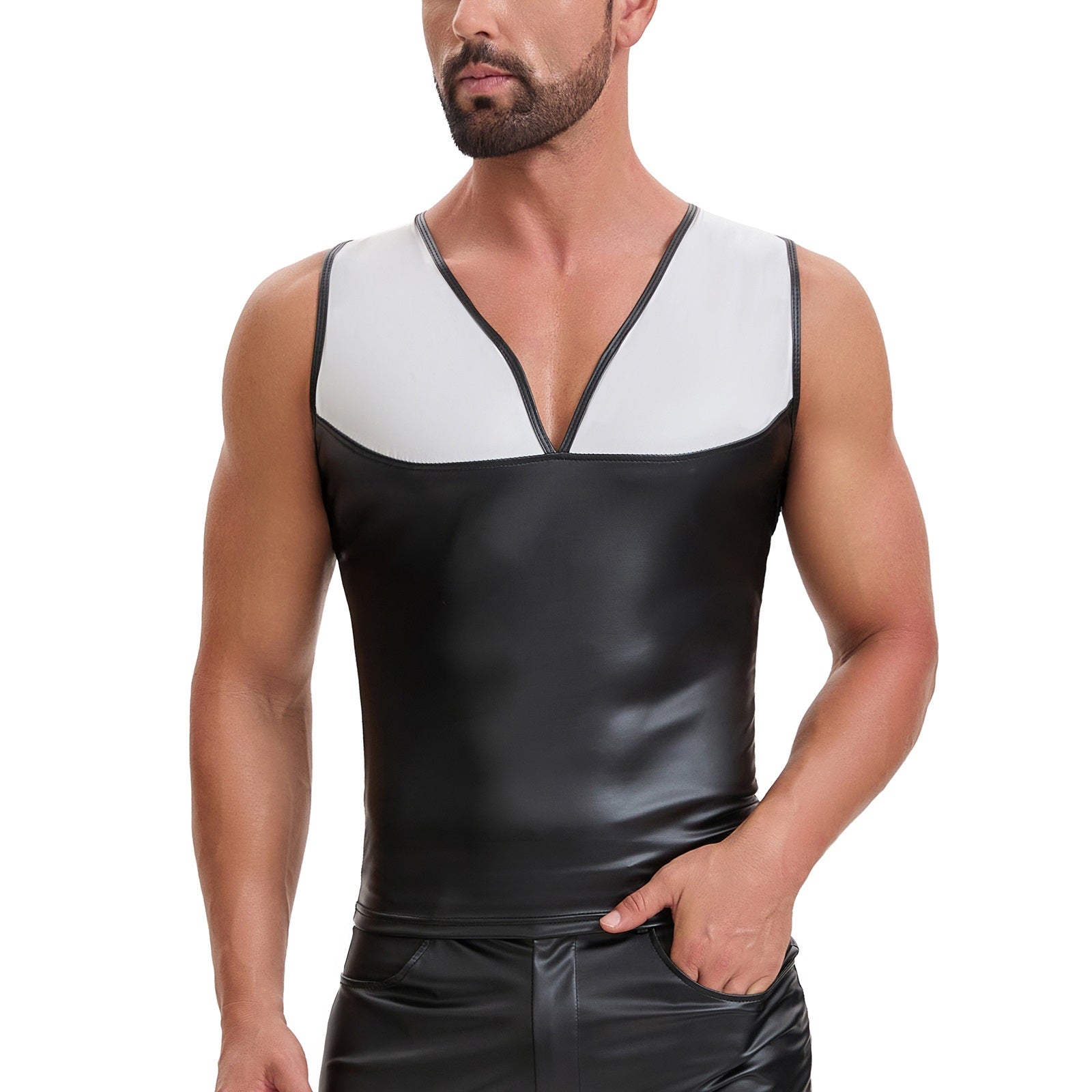 Mens Shiny Soft Matte Leather Tank Tops, Sexy V-Neck Color Block Stretch Vest, Casual Slim Fit Sleeveless T-Shirt