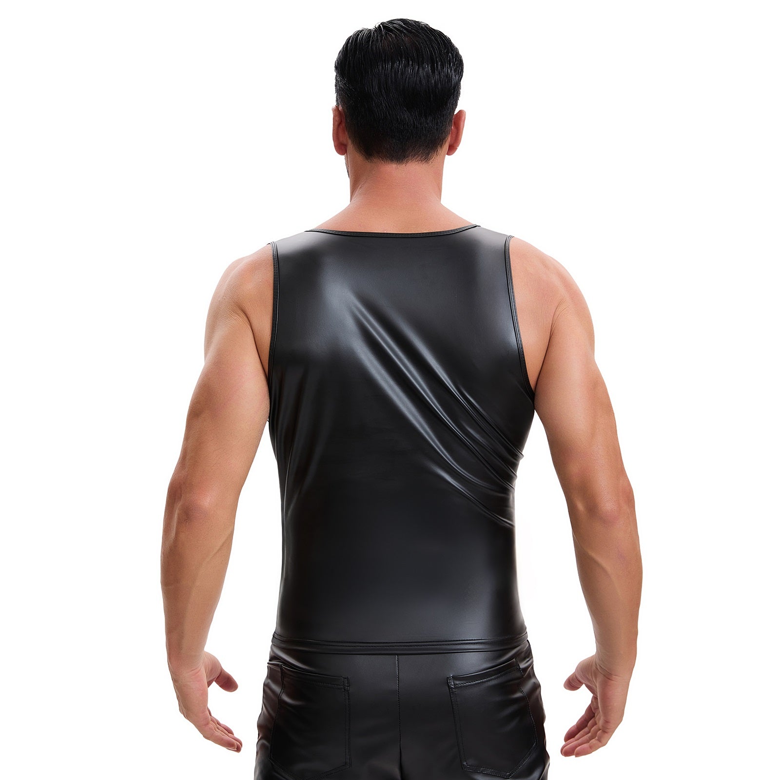 Mens Shiny Stretch Leather Cami Undershirt Sexy Cross Wrap Slim Fitted Vest Soft V-Neck Solid Tank Top