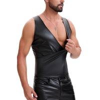 Mens Shiny Stretch Leather Cami Undershirt Sexy Cross Wrap Slim Fitted Vest Soft V-Neck Solid Tank Top